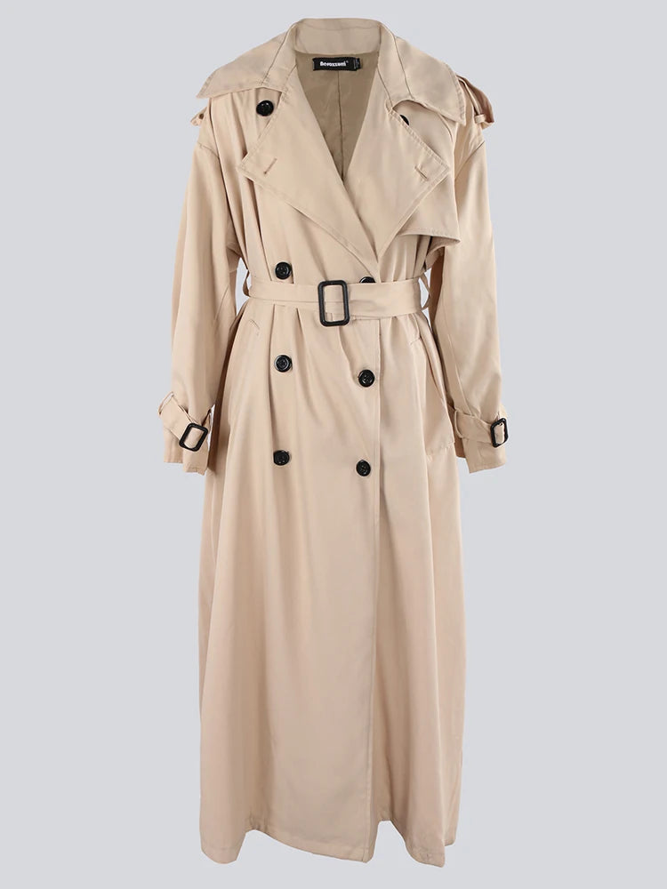 Nerazzurri Autumn Extra Long Oversized Khaki Flowy Soft Trench Coat for Women Back Slit Double Breasted Loose Casual Overcoat