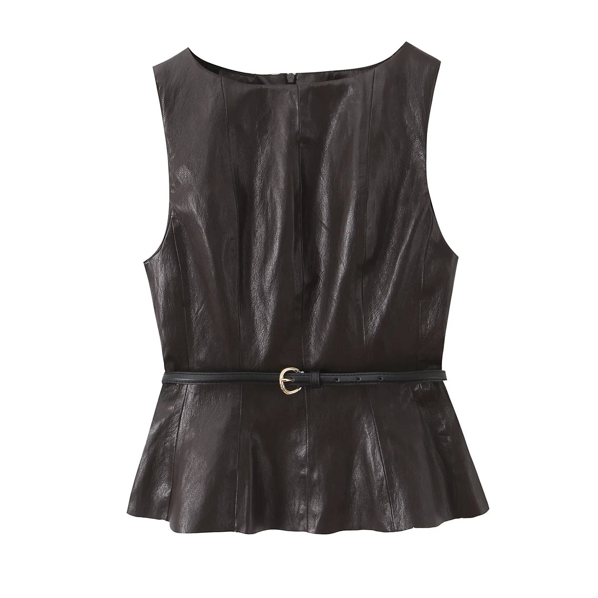 NLZGMSJ Vintage Faux Leather Casual Women Solid Suit O-Neck Zipper Belt Vest Zipper Long Straight Skirt Fashion 2026 Spring Sets