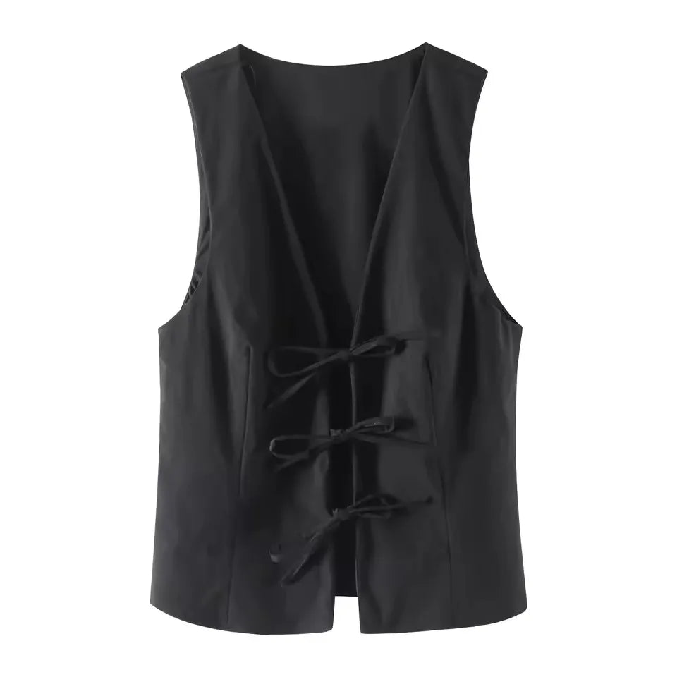 HH Women Elegant Lace Up V-Neck Waistcoat Sleeveless Tie Front Slim Vest Casual Office Wear Retro Y2K Street Fashion Chic Top