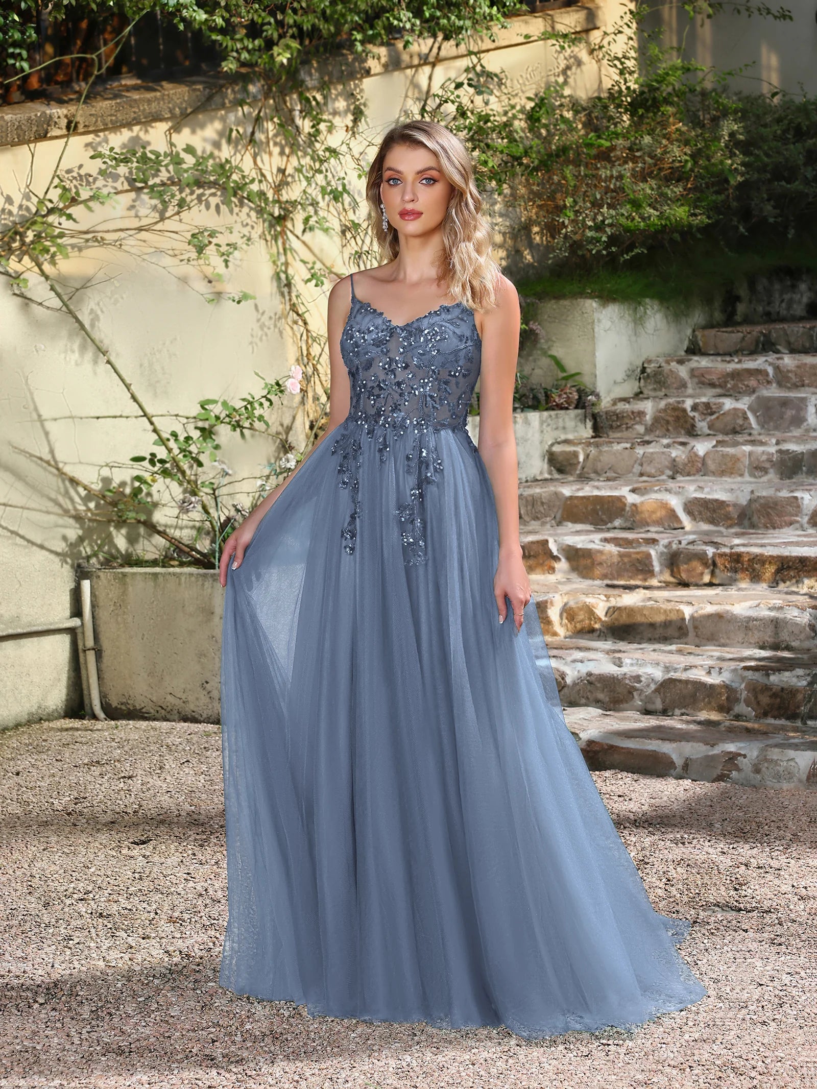 Dusty Blue Tulle Prom Dresses Long 2025 Appliqued Beaded A Line Slit Women Evening Gowns Elegant Dress For Wedding Party