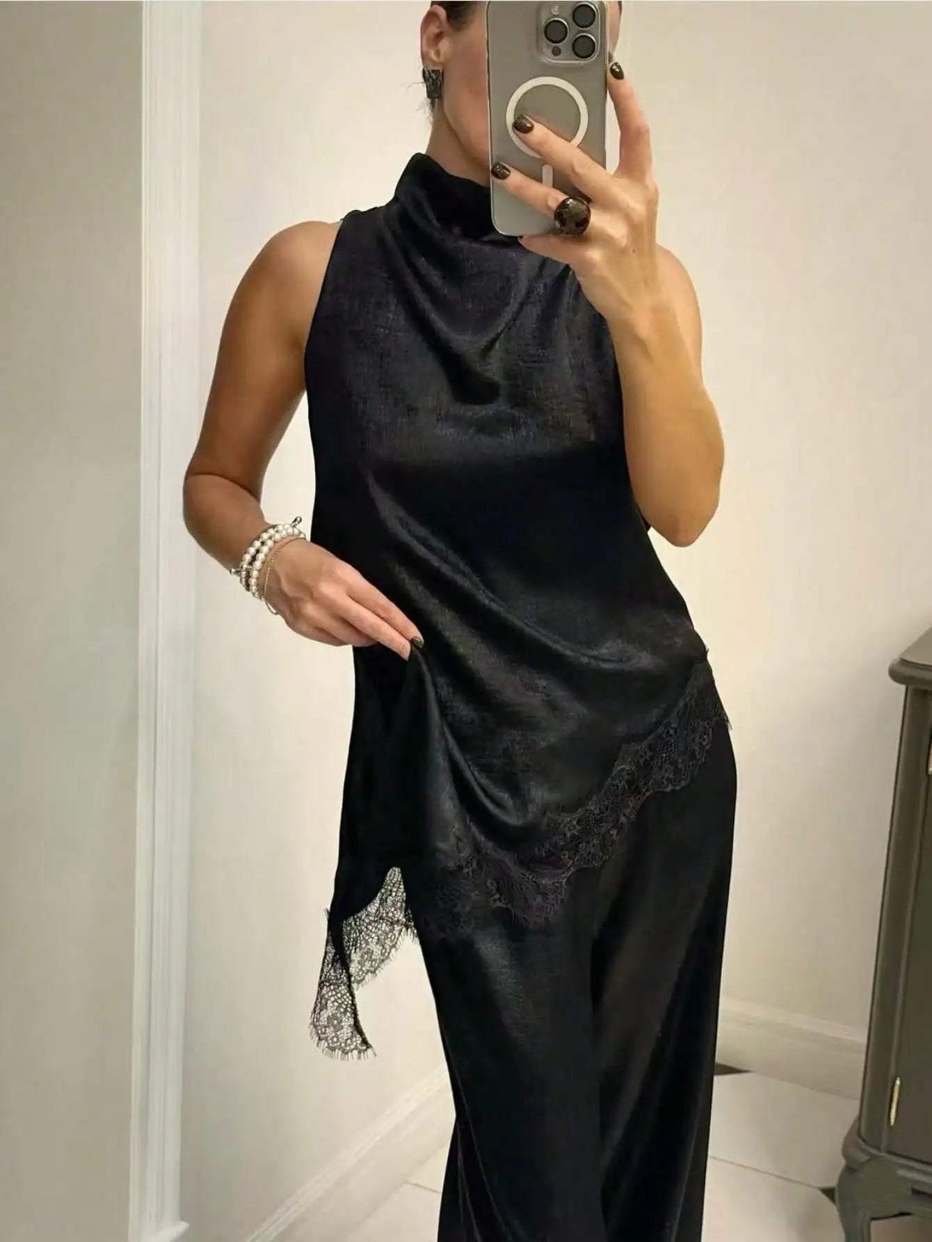 Women's Elegant Black Satin High Neck Blouse Lace Trim Sleeveless Casual Commute & Date Top