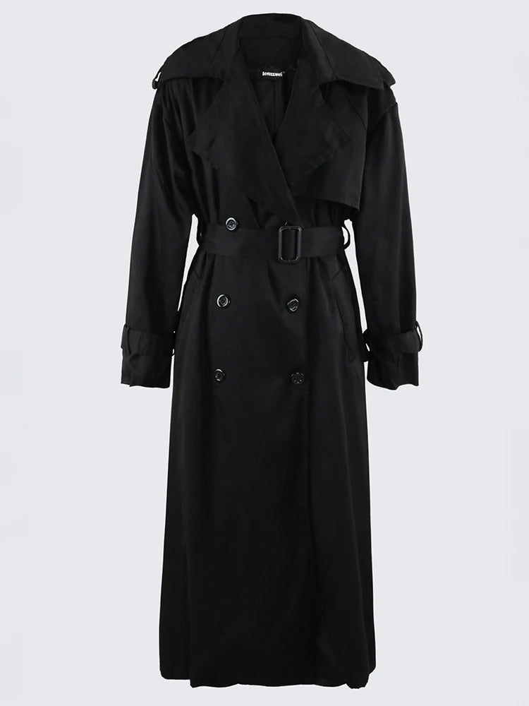Nerazzurri Autumn Extra Long Oversized Khaki Flowy Soft Trench Coat for Women Back Slit Double Breasted Loose Casual Overcoat
