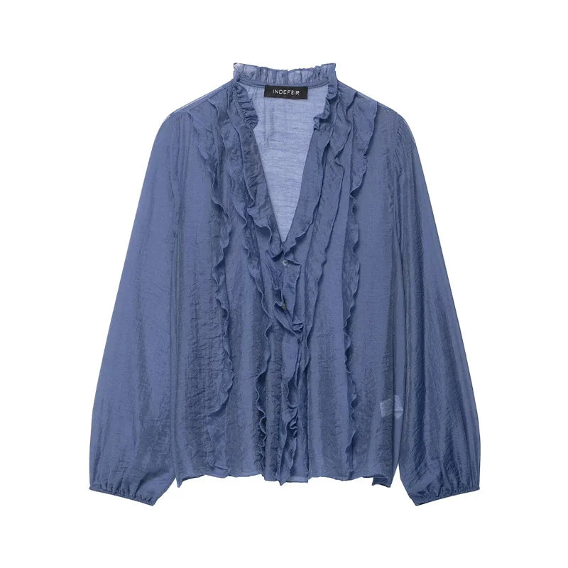 Women Shirt 2025 New Fashion Autumn Long Sleeve Layered Decorative Blouse for Women Casual Chic V-neck Ladies Top