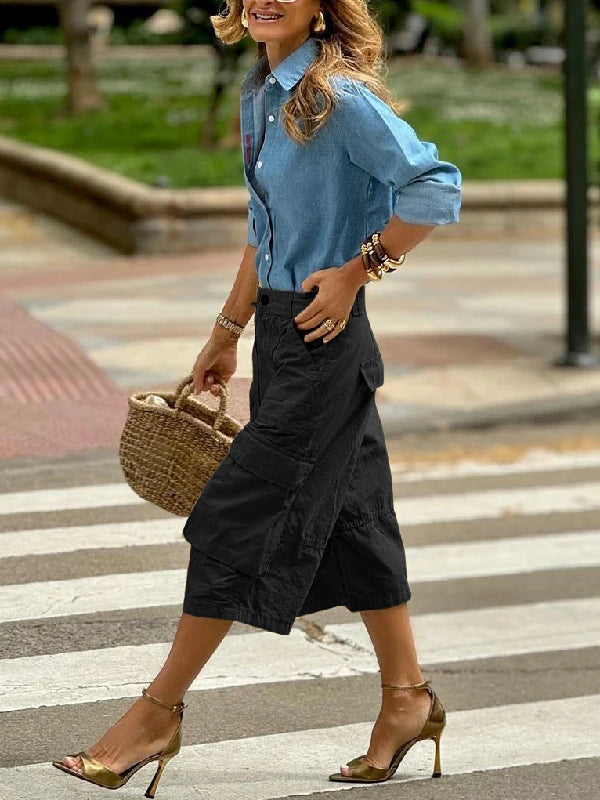 Calça Feminina de Algodão de Perna Larga com Bolsos