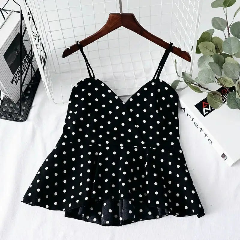 Red Polka Dot Print Chiffon Short V-Neck Sleeveless Sexy Pullover Women's Blouse Shirt Korean Fashion Female Clothing Tops 2024