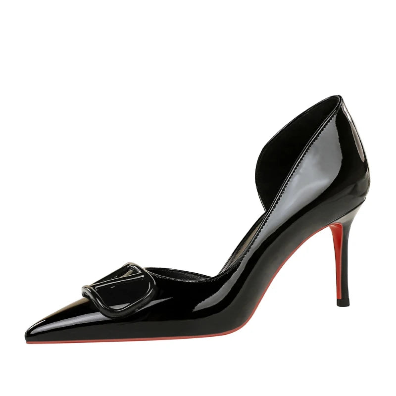 European Banquet Pointed V-Buckle High Heels Thin Heel Patent Leather Side Air Quality Women's Shoes Fashionable And Elegant