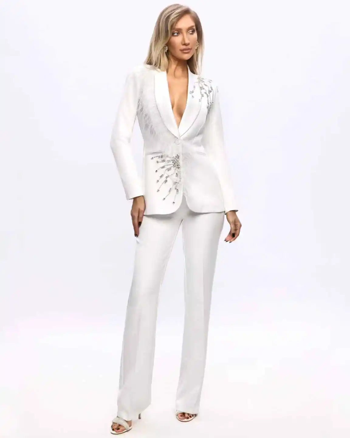 Elegant Feather Women Suits One Button Long Sleeve Pant Sets Beaded 2 Pieces Birthday Party Customized Outfits