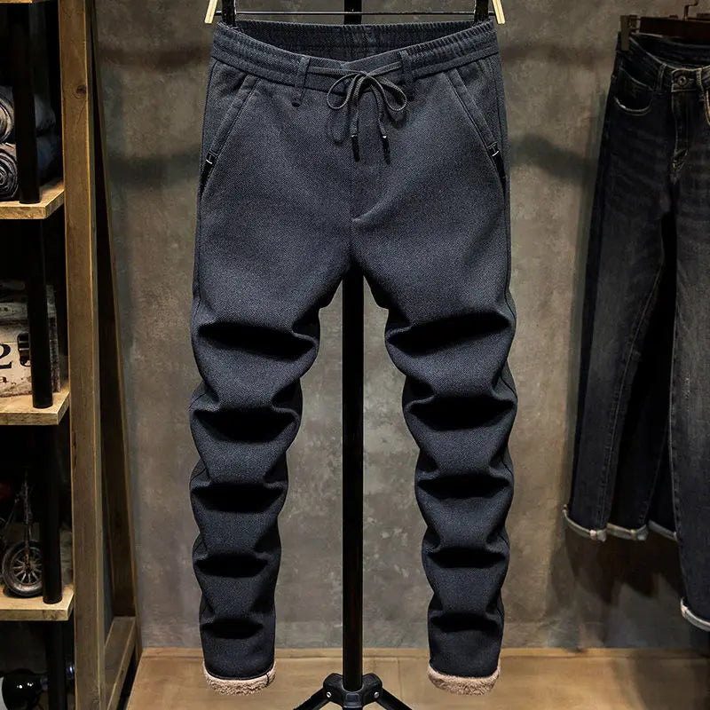 Korean Fashion Fleece Plush Mens Casual Full Length Elastic Waist Autumn and Winter Thickened Drawstring Sports Joggers Trousers