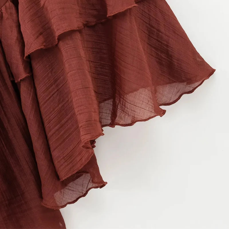 HXAO Woman 2025 Dress Ruffle Long Sleeve Mini Dress Summer Tie Fairy Short Dresses For Women Pleated Elegant Party Dresses 088