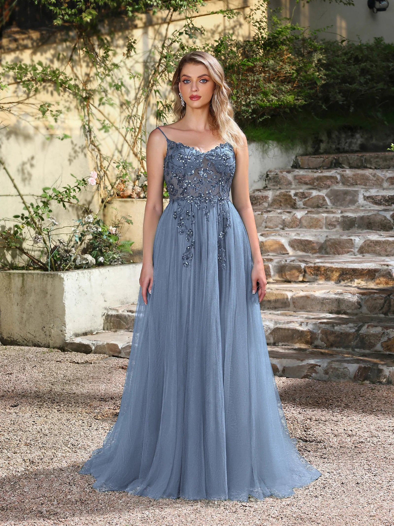 Dusty Blue Tulle Prom Dresses Long 2025 Appliqued Beaded A Line Slit Women Evening Gowns Elegant Dress For Wedding Party