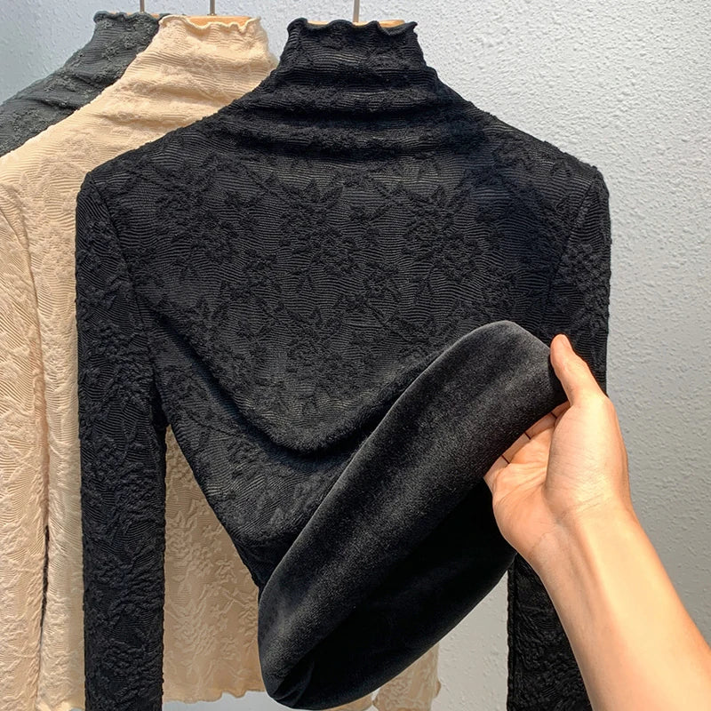 Women's Fleece Lined Lace Base Shirt Half High Collar Inner Wear Autumn Winter Warm plus Size Fat MM Top Commute Style Slim Fit