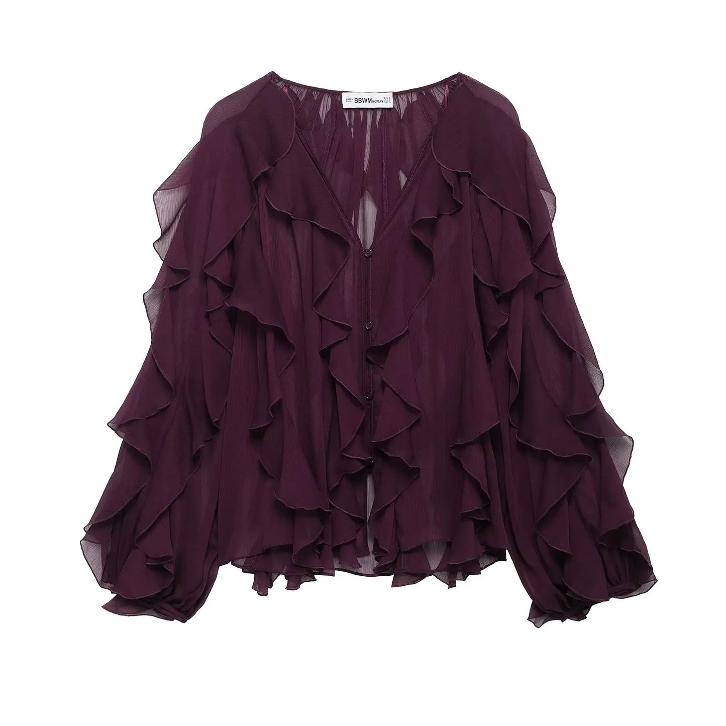 DUOPERI Women Fashion Solid Ruffled Blouse Vintage V-Neck Long Sleeves Female Chic Lady Shirts