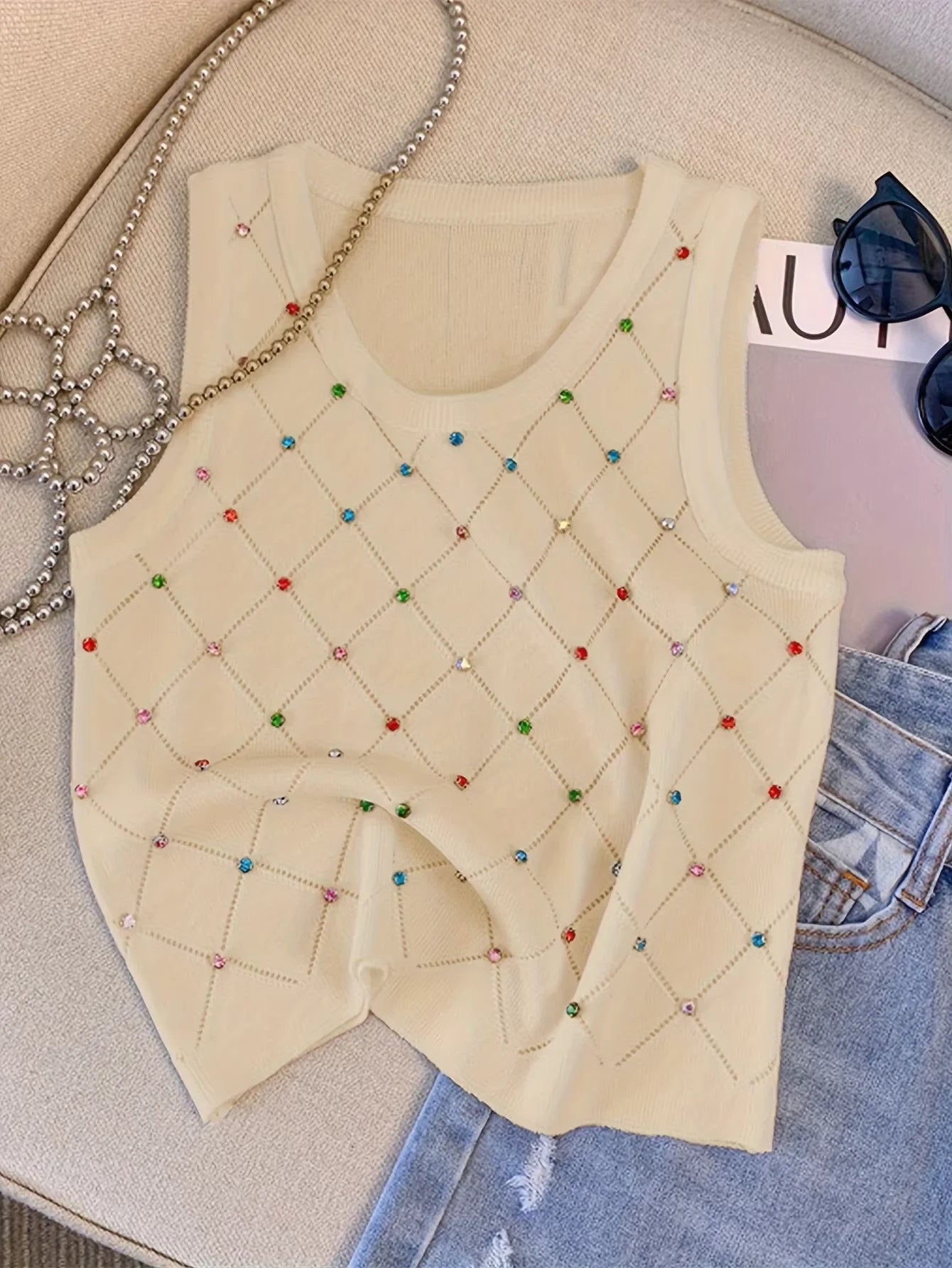 Colorful Rhinestone Knitted Tank Top Casual Crew Neck Sleeveless Tank Top For Summer Women's Clothing Crop Top Camis