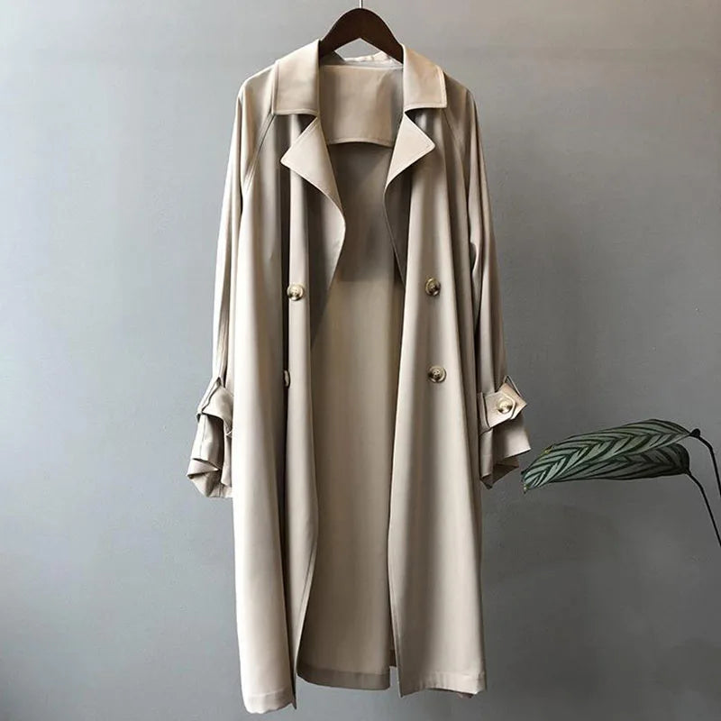 New Fashion Women's Long Trench Coat Spring Autumn Temperament Thin Windbreaker Coat Female Casual Parker Overcoat Apricot Black