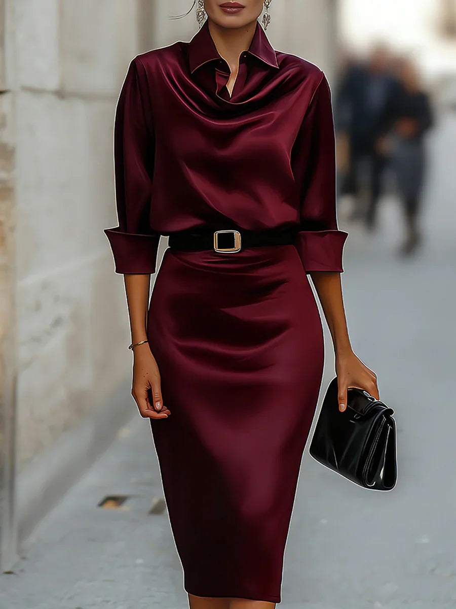 Vestido Midi de Festa em Cetim com Cinto e Manga Longa