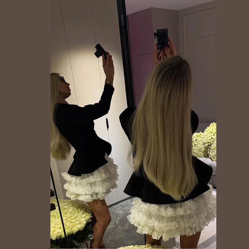 Women Trendy Lace Dresses Two Hit Color False Two-piece Mini Skirt Square Neck Long Sleeve High Waist Dress Party Evening Gowns