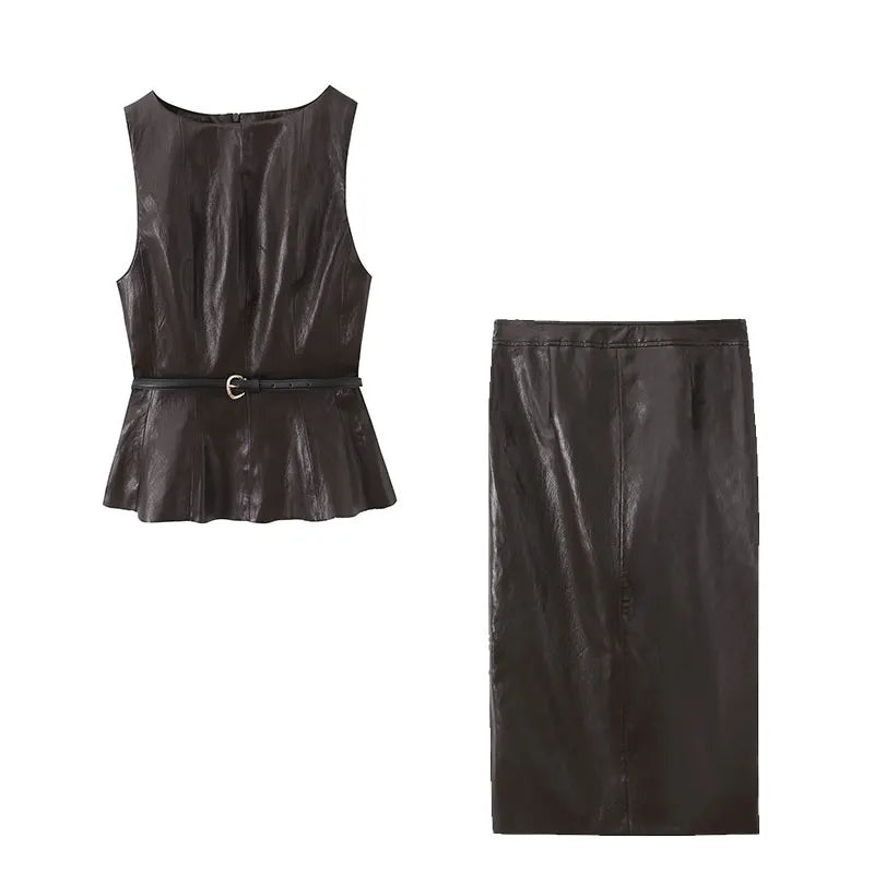 NLZGMSJ Vintage Faux Leather Casual Women Solid Suit O-Neck Zipper Belt Vest Zipper Long Straight Skirt Fashion 2026 Spring Sets