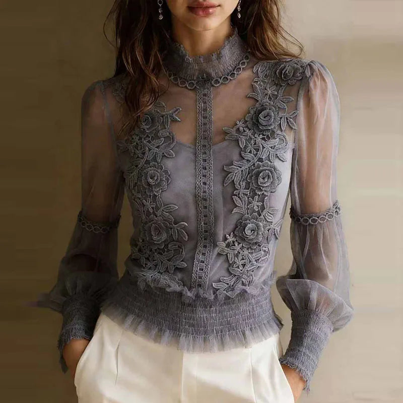 Spring Elegant Lace Mesh Hollow Sexy Blouses Women High Neck Embroidered Sheer Shirt Summer Vintage Smocked Waist Ruffle Hem Top