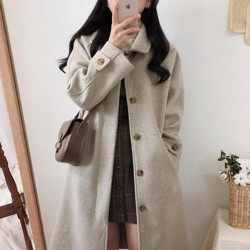 Autumn Winter Korean Style Loose Woolen Coat 2025 Slimming Knee-Length Tweed Women's Mid-Length Elegant Outerwear