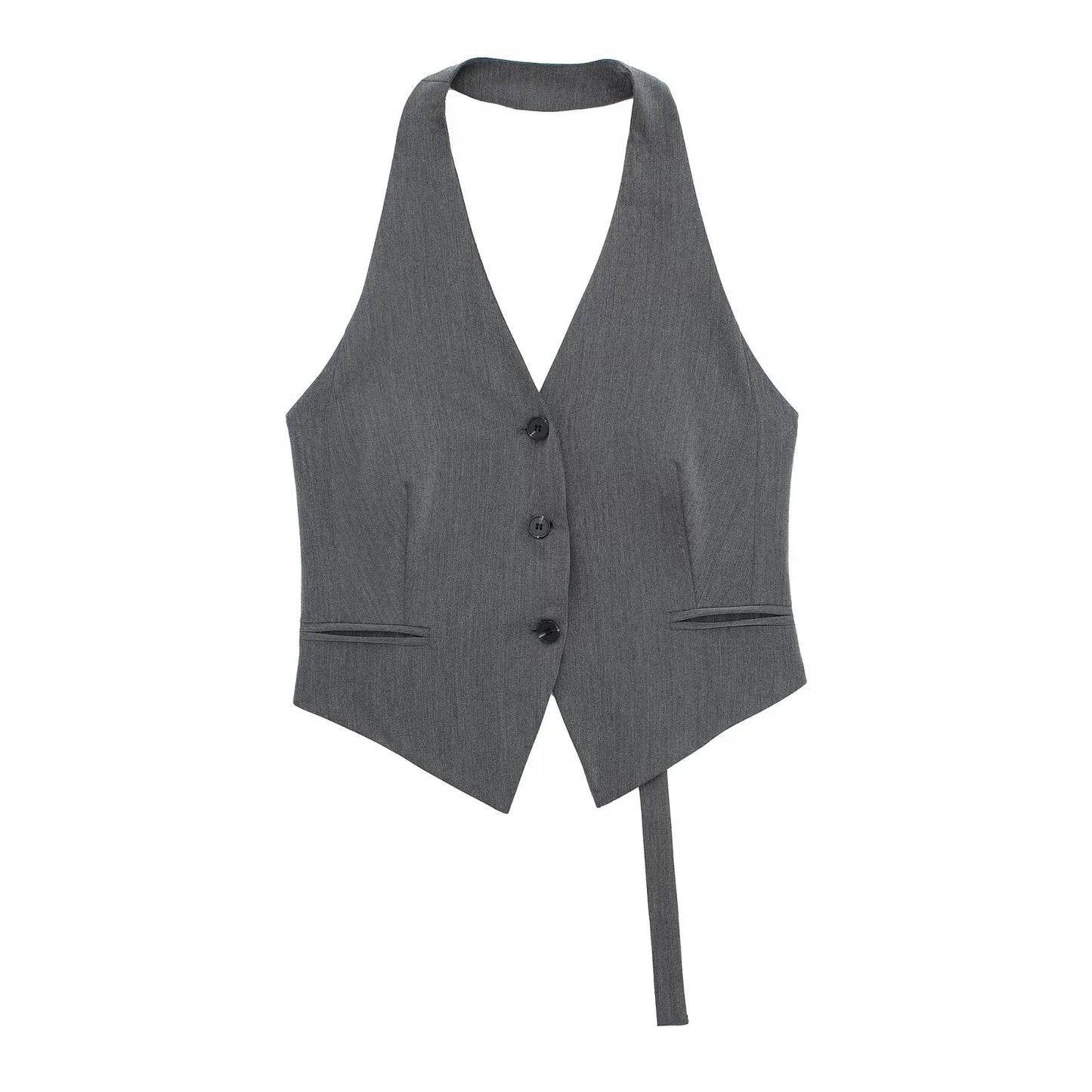 Willshela Women Fashion Black Backless Lace Up Waistcoats Vintage Halter Neck Sleeveless Jackets Female Chic Lady Tank Tops