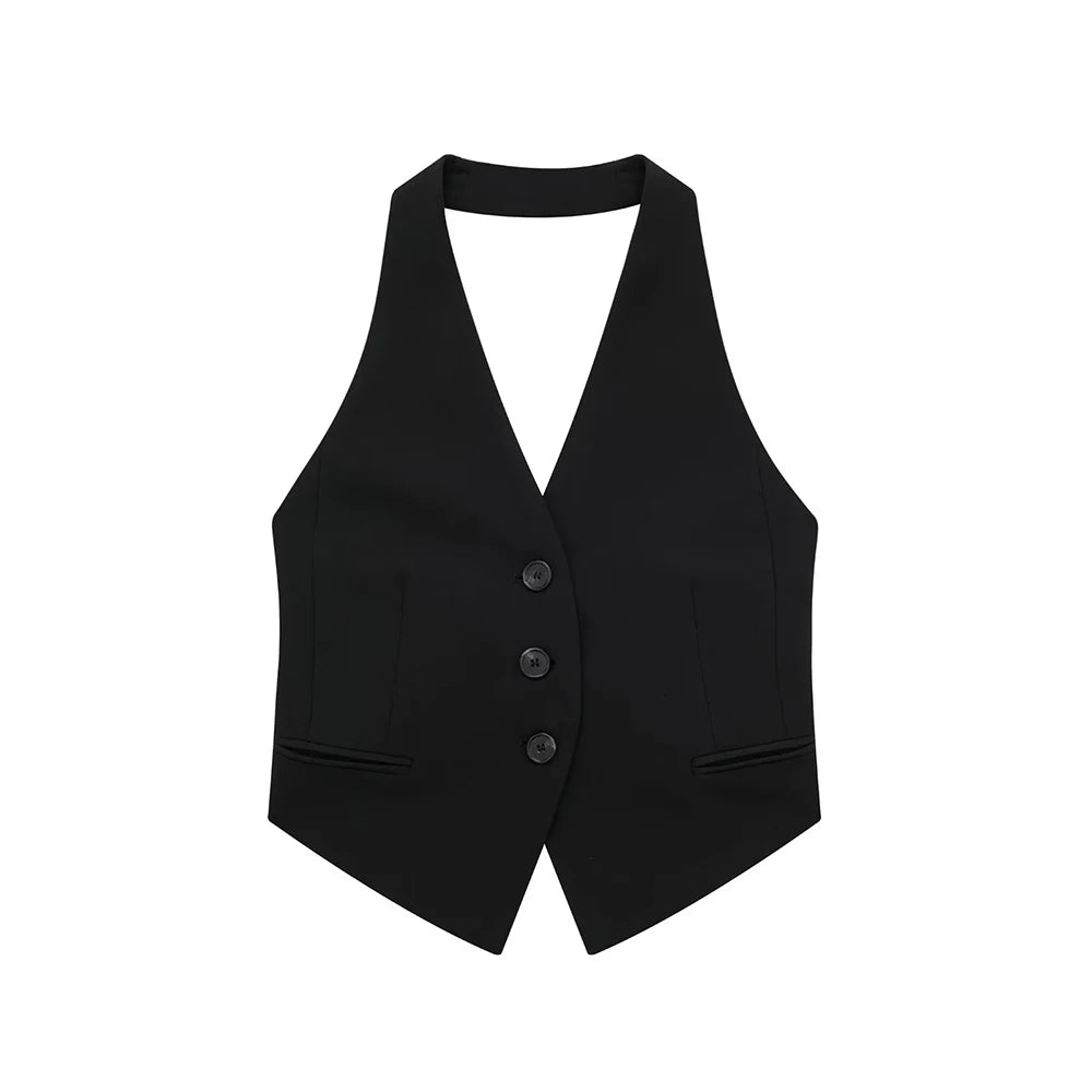 Willshela Women Fashion Black Backless Lace Up Waistcoats Vintage Halter Neck Sleeveless Jackets Female Chic Lady Tank Tops