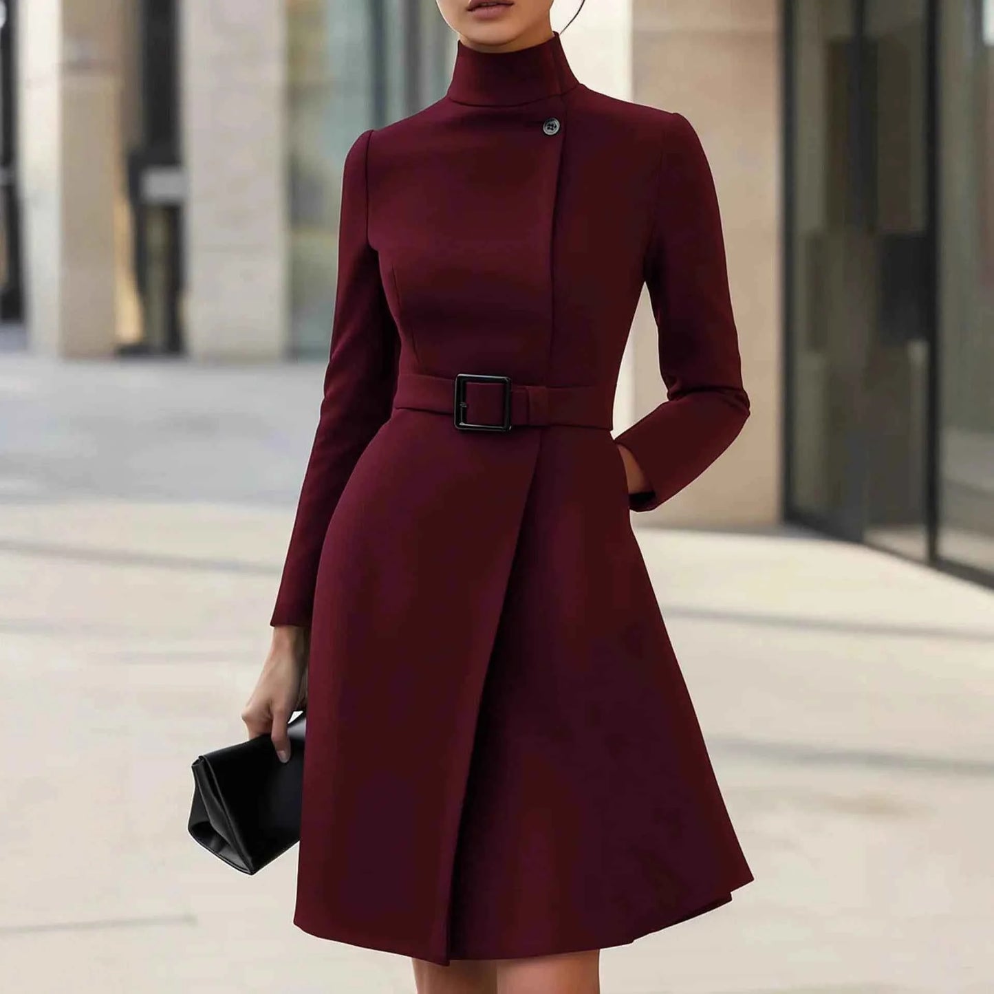 Elegant Retro Long Sleeved Button A-line Dress Autumn Winter Women's Clothing New Casual High Tie Belt Pockets Mid Length Frock
