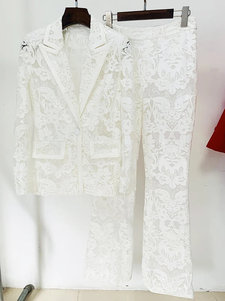 HIGH STREET Newest 2026 Designer Runway Suit Set Women's Single Button Guipure Lace Blazer Flare Pants Set