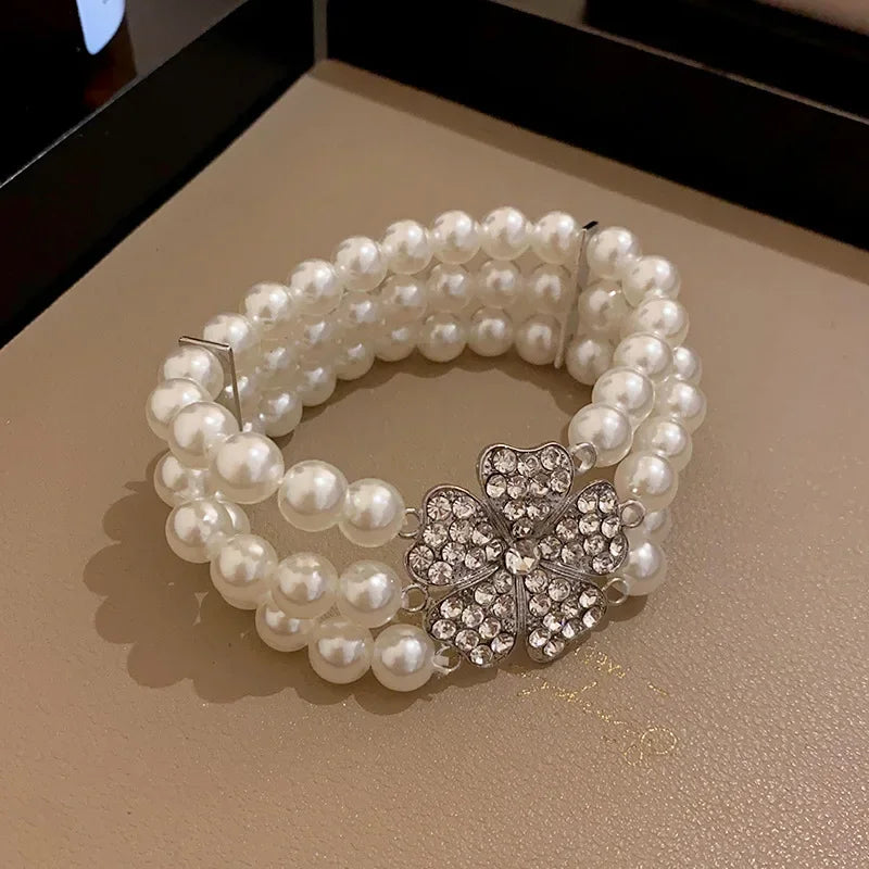 Flower Party Necklaces Women French Luxury Imitation Pearl Multi-layer Necklaces Bracelet Earrings Rhinestone Jewelry Sets K-