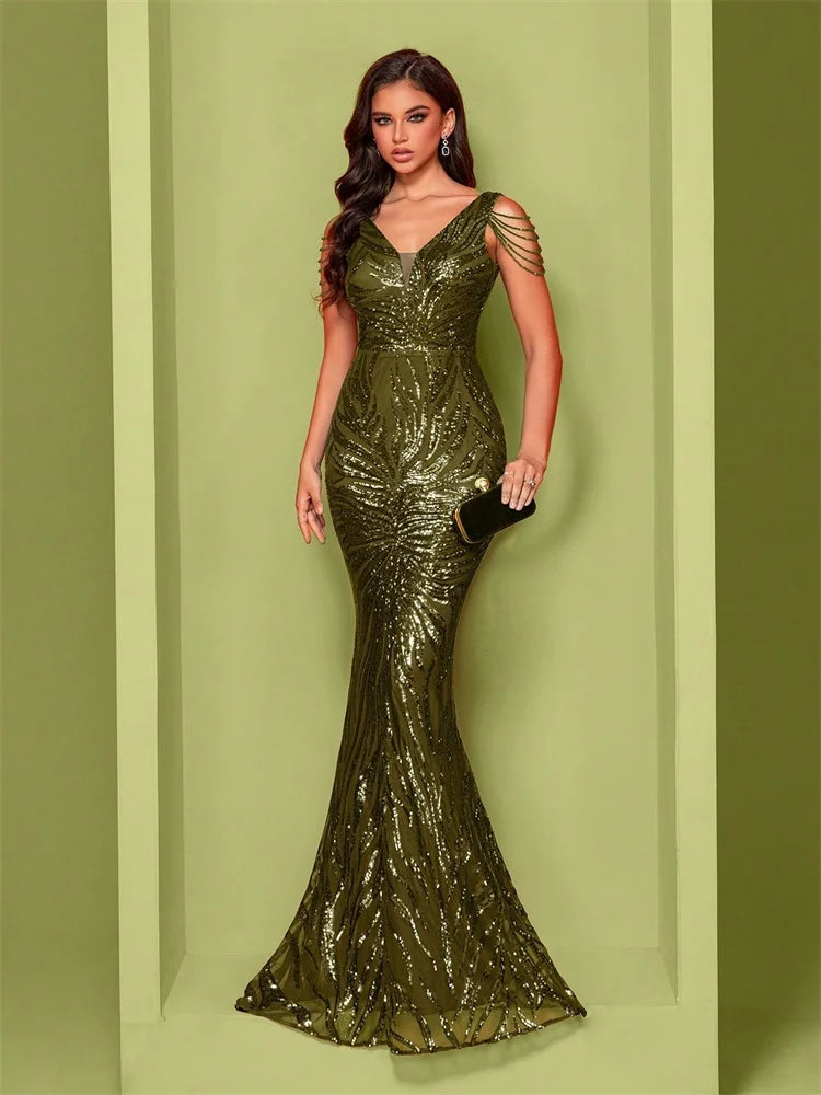 Elegant V-Neck Beading Sequin Evening Dress 2025 Long New Luxury Women Formal Mermaid Party Prom Cocktail Graduation Gowns