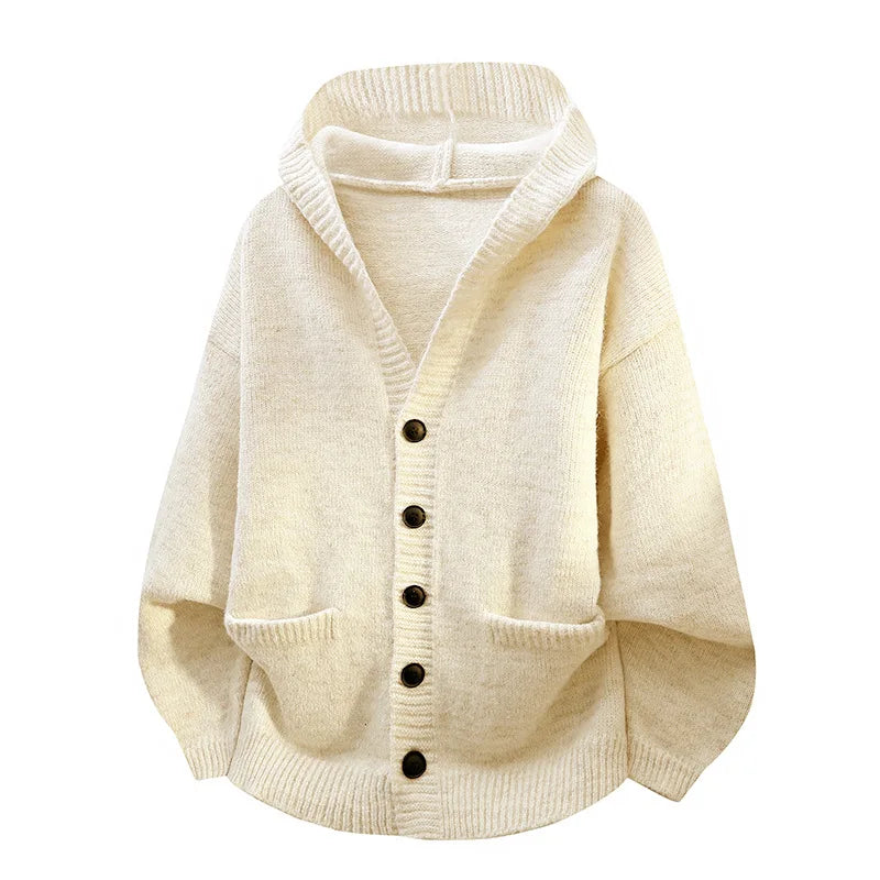 Men's Hooded Knit Cardigan Button Front Loose Fit Autumn Casual Fashion Warm Comfortable Lazy Style Sweater Outerwear