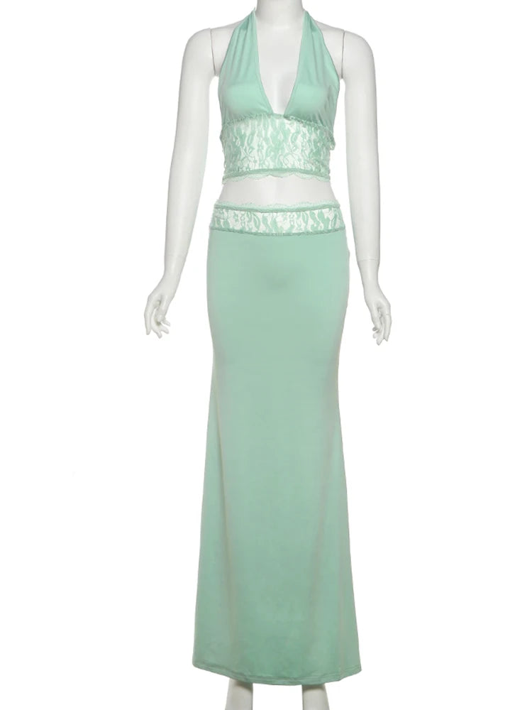 kliou Lace Patchwork Women 2 Piece Set Halter Fashion Backless Sheer V-neck Tanks+Trim Matching Long Skirts Mujer Elegant Suits