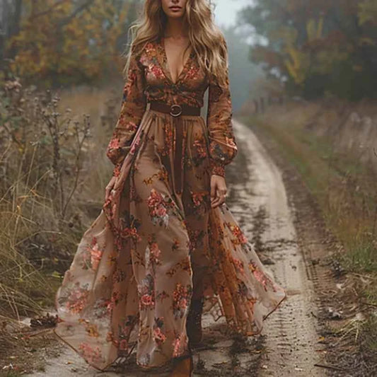 Vestido Feminino Boho Estampado com Decote V e Manga Longa – Cintura Alta Plissada