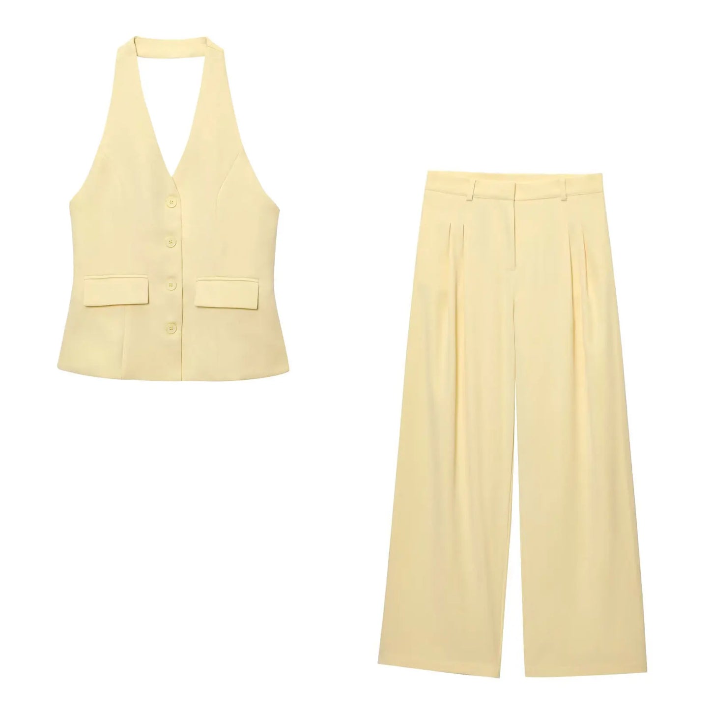 HH Pant Sets For Women Fashion Yellow Backless Button Halter Crop Vest Top Straight Trousers Elegant Office Lady Suit