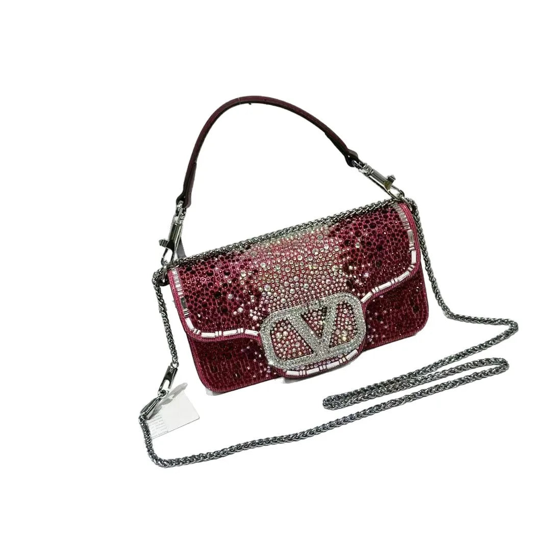 Bolsa de mão embutida com diamante, bolsa de noite portátil com corrente de ombro único, bolsa de couro brilhante com diamante quadrado para uso diário - CRAVO ROSE
