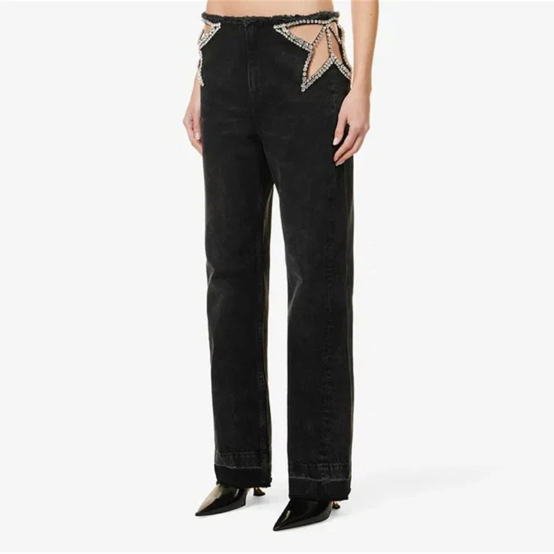 Y2k Hot Fix Rhinestone Cutout Women's Jeans Summer Street Low-rise Wide Leg Loose Denim Pants Lady New Fashion Party Trousers