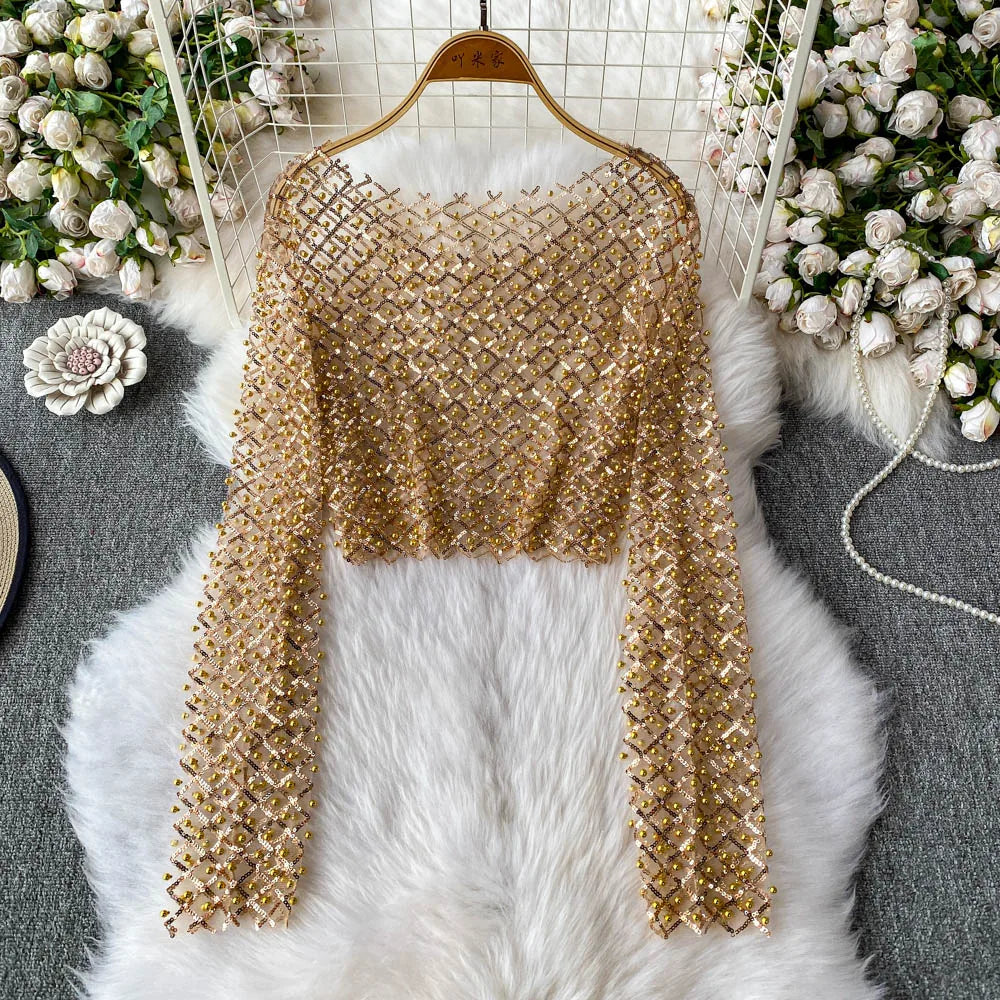 Slim Fit Short Sleeveless T-Shirt Women's New Style round Neck Long Sleeve Shiny Sequin Heavy Duty Bead Commute Style Korean ...