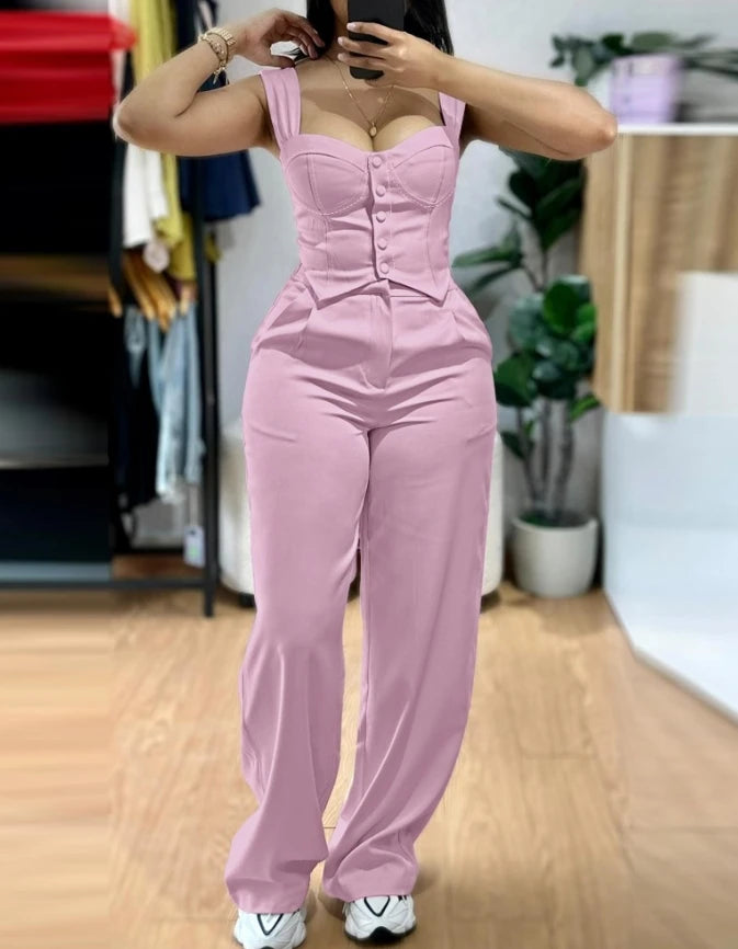 Conjunto feminino de duas peças para blusa regata de alças grossas com botões frontais, modelagem justa e calça pantalona de cintura alta