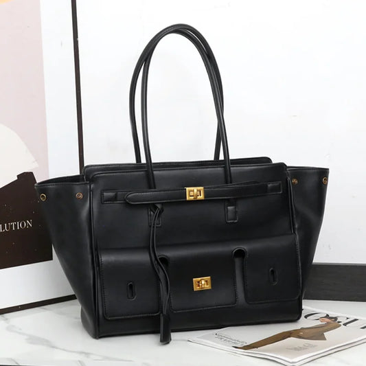Bolsa Tote de Luxo e Alta Qualidade – Design com Abas Laterais e Fecho – Cor Sólida e Minimalista – Formato Horizontal Retangular