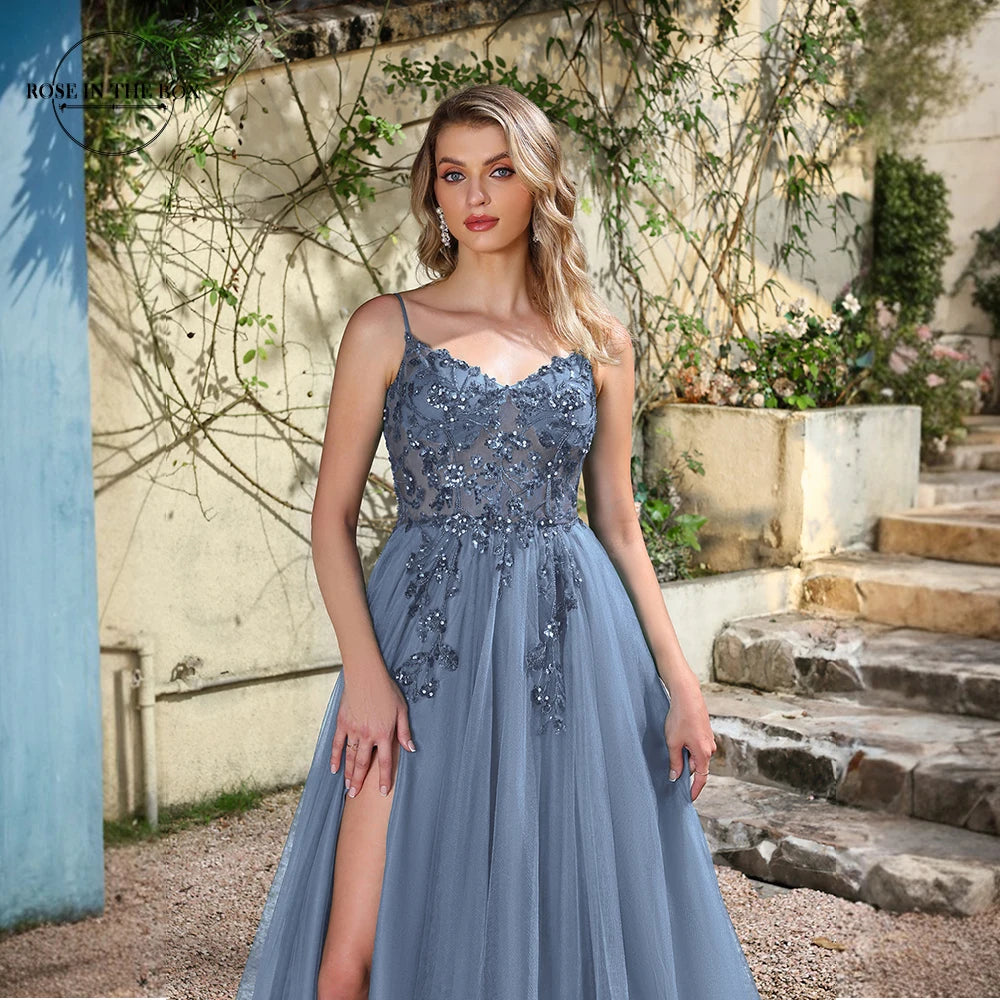 Dusty Blue Tulle Prom Dresses Long 2025 Appliqued Beaded A Line Slit Women Evening Gowns Elegant Dress For Wedding Party