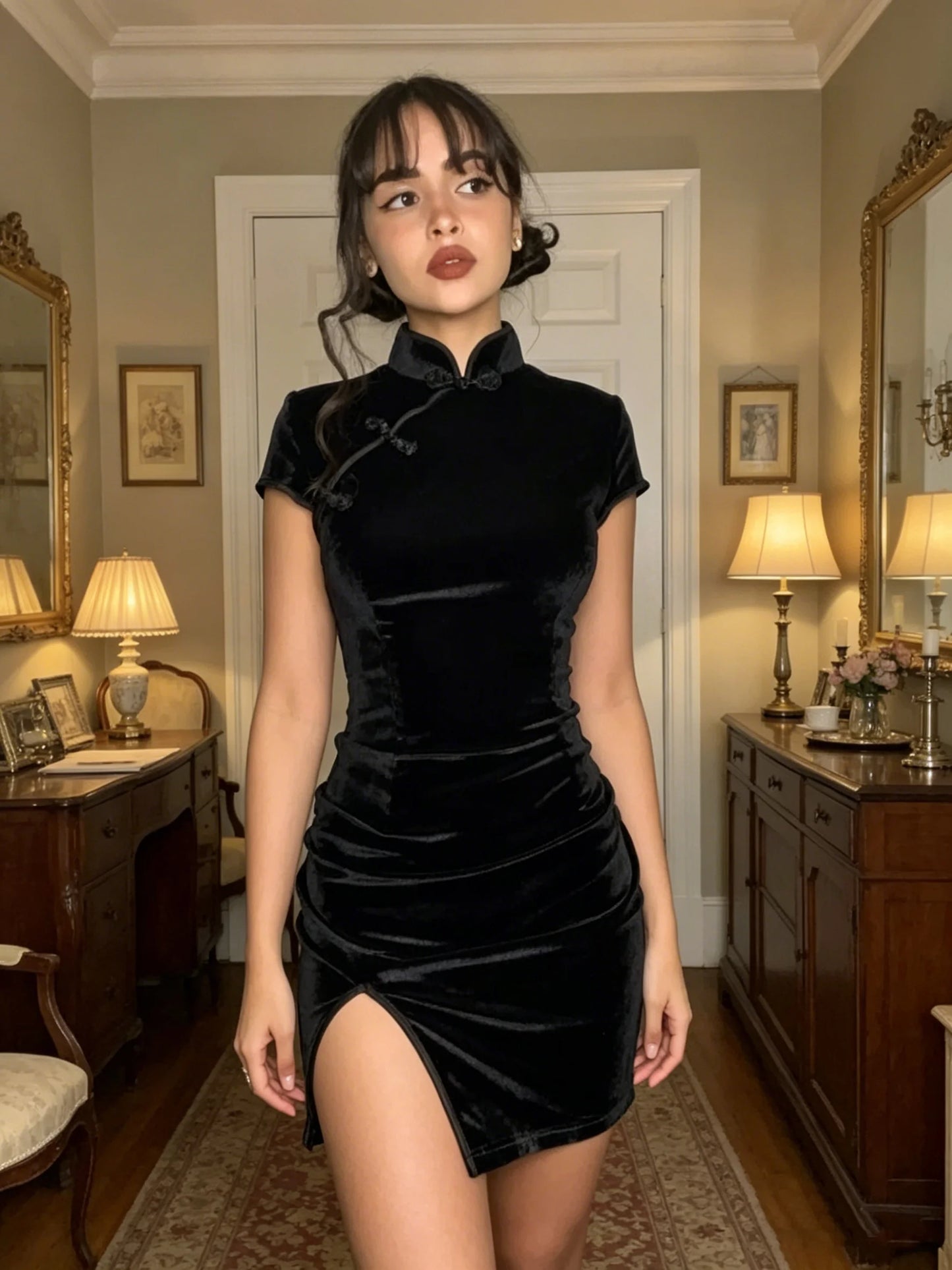 Spring and summer new style elegant and high-end sexy slim fit high neck buckle solid color slit dress