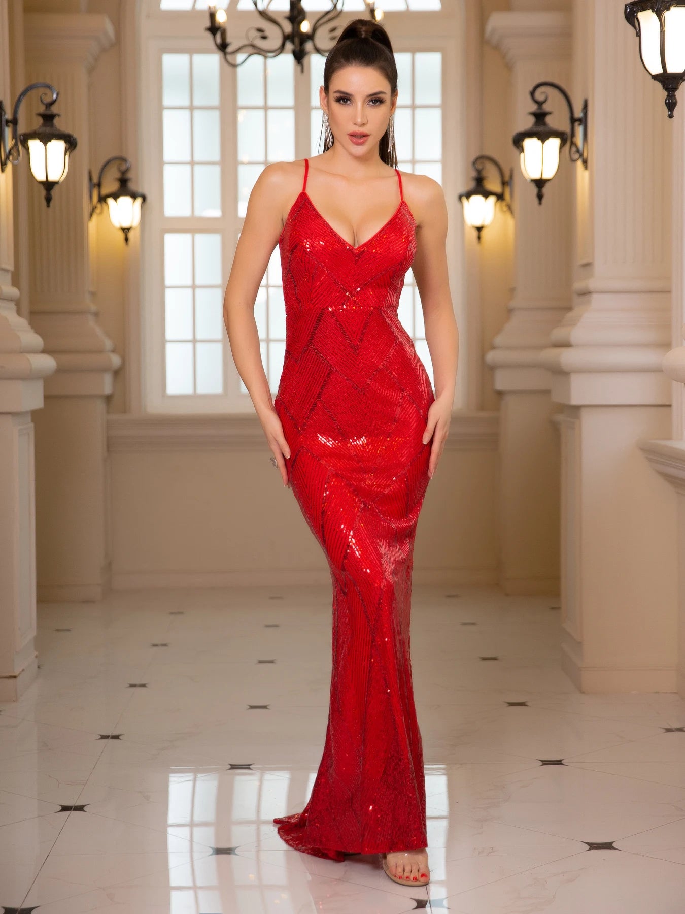 Sexy Backless Padded V Neck Stretch Sequin Evening Night Party Dress Sleeveless Fitting Floor Length Full Lining Club Dress Gold