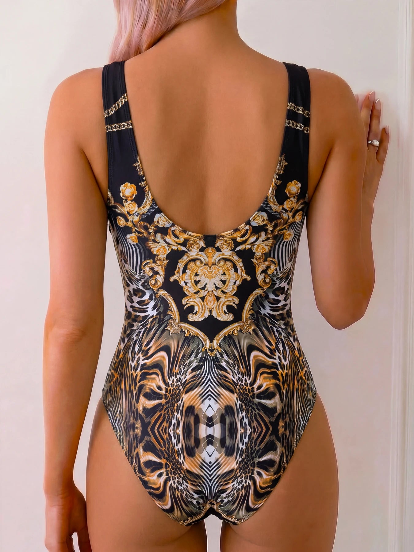 Women Luxury Black Gold Baroque Print One Piece Swimsuit U Neck Wide Strap Open Back Monokini High Cut Bathing Suit Vintage Eleg
