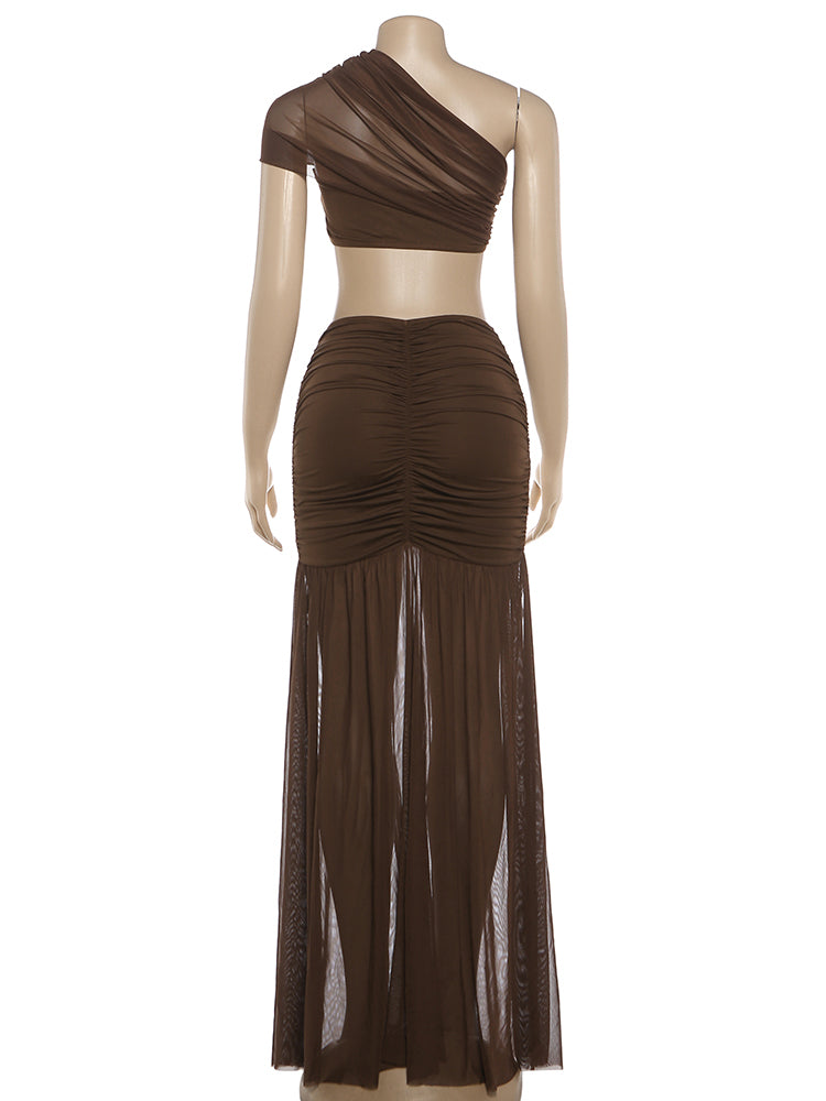 Nibber Fashion Ruched Elegant 2 Piece Set Woman Mesh Patchwork Skew Collar Backless Crop Tops+A-Line Long Skirt Prom Party Suit