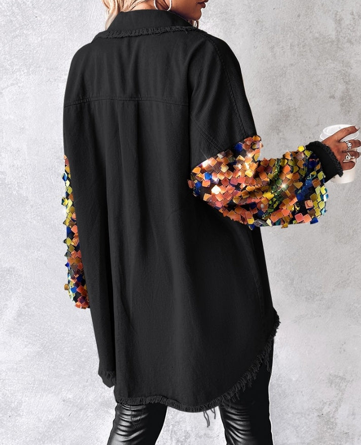 Blazers para casacos de manga comprida com decote em V, capa com blocos de cores e strass, elegante, casaco de trabalho