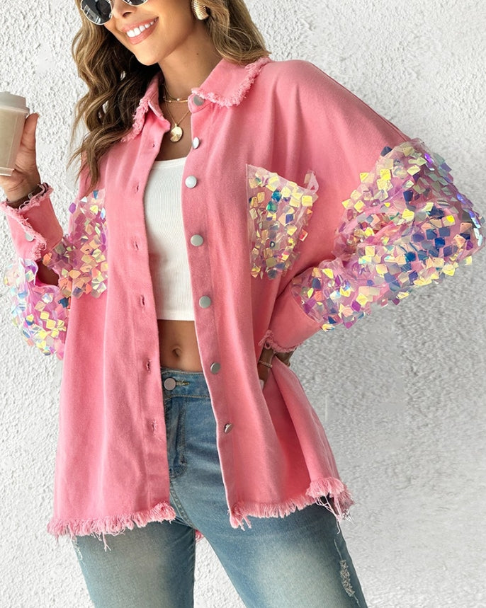 Blazers para casacos de manga comprida com decote em V, capa com blocos de cores e strass, elegante, casaco de trabalho