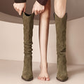 Women's Slouchy Knee High Boots, Fashion Solid Color V-cut Pull On Long Boots, Chunky Heeled Cowboy Boots - CRAVO ROSE