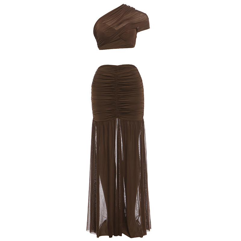 Nibber Fashion Ruched Elegant 2 Piece Set Woman Mesh Patchwork Skew Collar Backless Crop Tops+A-Line Long Skirt Prom Party Suit