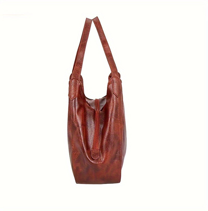 Women's Vintage Soft Leather Tote Bag, Multi-Compartment Shoulder Bag, PU Material, with Strap, Zipper Closure, Polyester Lining, Unprinted, No Oil Edging, Available in Red, Black, Coffee, Light Brown - CRAVO ROSE