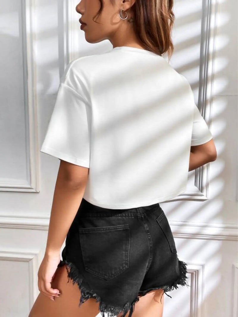 Cropped Oversize With Rhinestone Letter Pattern T-shirt Crop