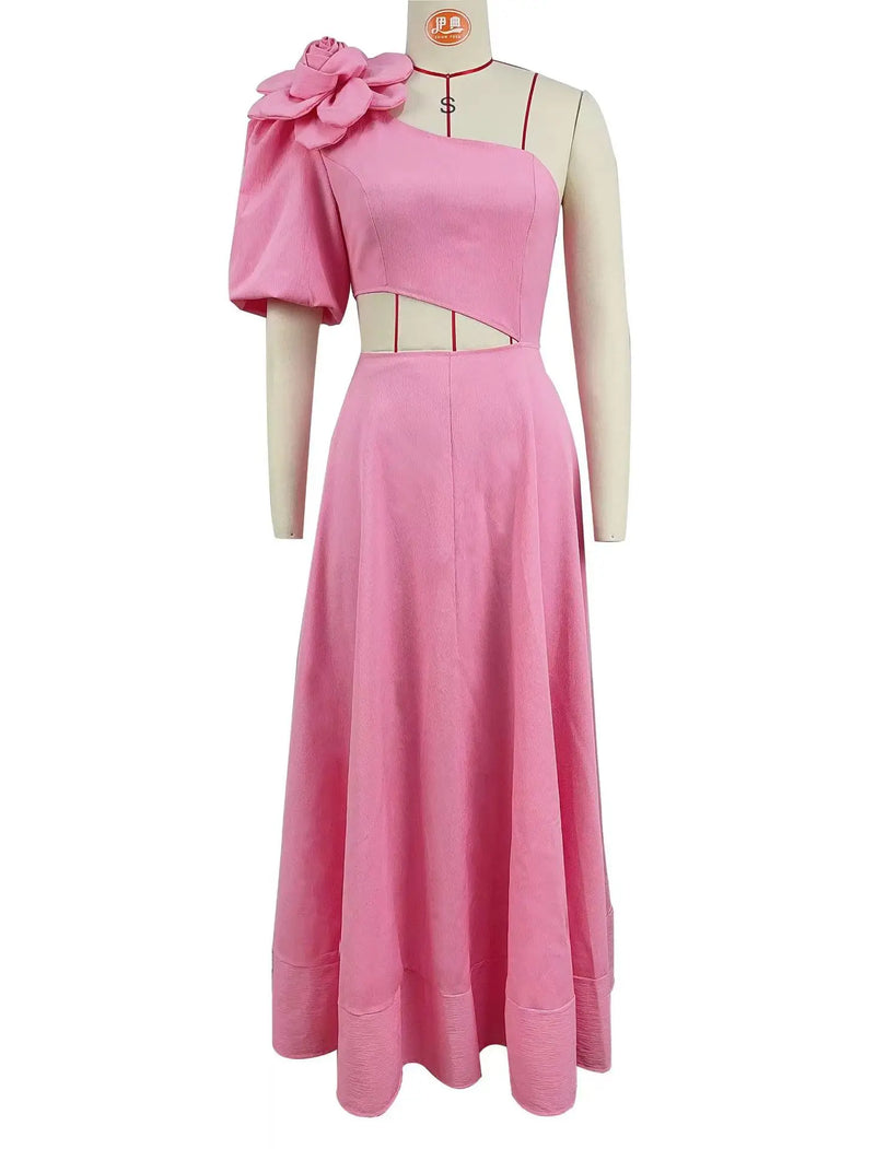 Women's Maxi Dress Appliques With Flower Sloping Shoulder Single Sleeve Waist Large Dress Women's Evening Wedding Midi Dress